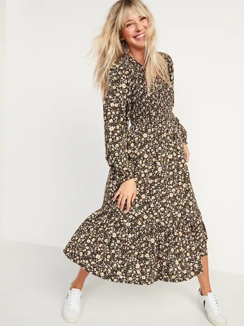 Old Navy Long-Sleeve Fit & Flare Smocked Midi Dress Ditsy Floral Prairie NWT L